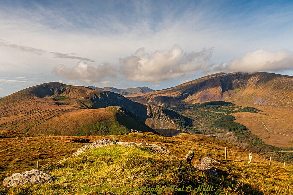 Beautiful landscape view on hillwalking route Lough Acummeen Loop